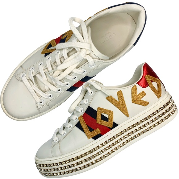 GUCCI Calfskin Crystal Web LOVED Embroidered Ace Flame Web Platform Sneakers 37 - Picture 16 of 16
